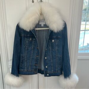 Old Navy Blue Denim Jacket with White Fox Fur Collar